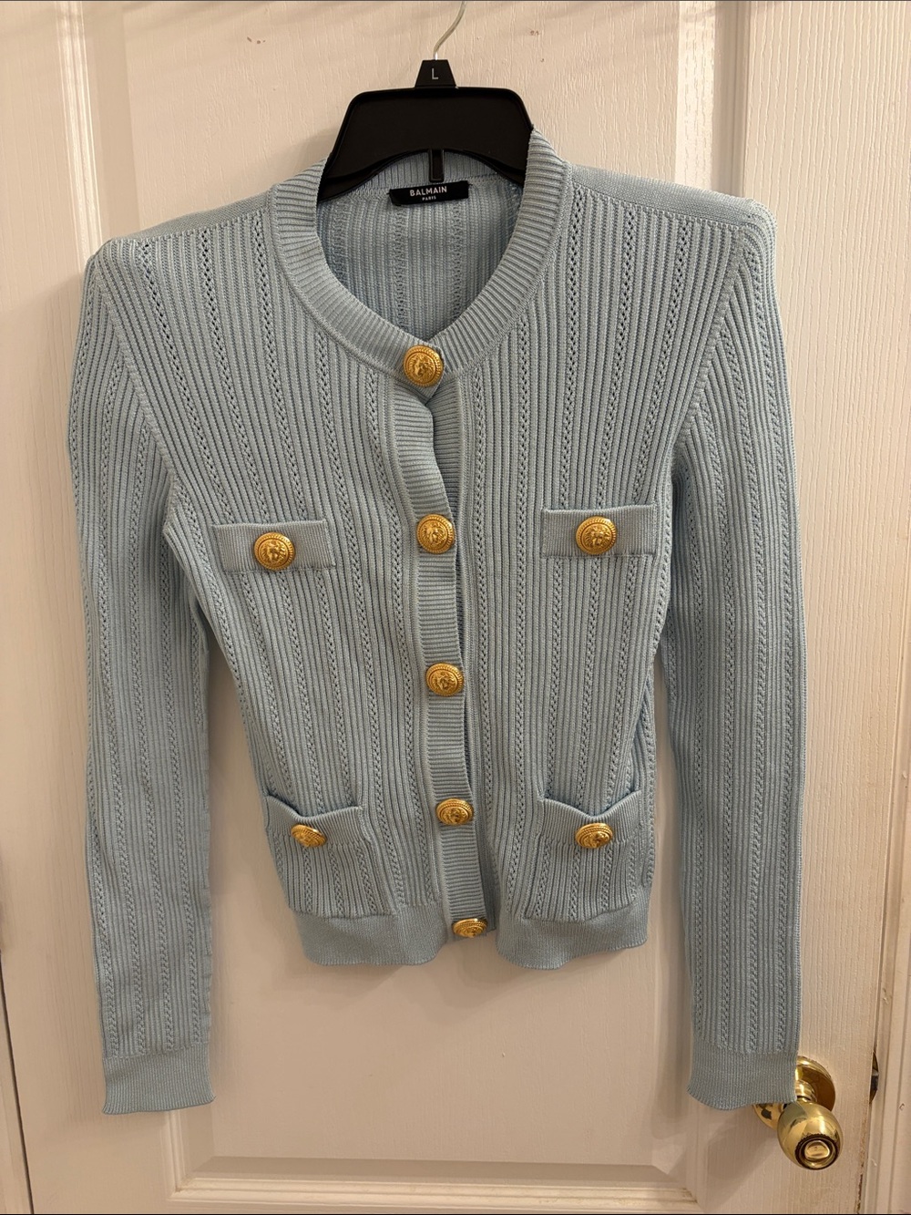Balmain Pale Blue Ribbed Knit Cardigan with Gold Medallion Buttons